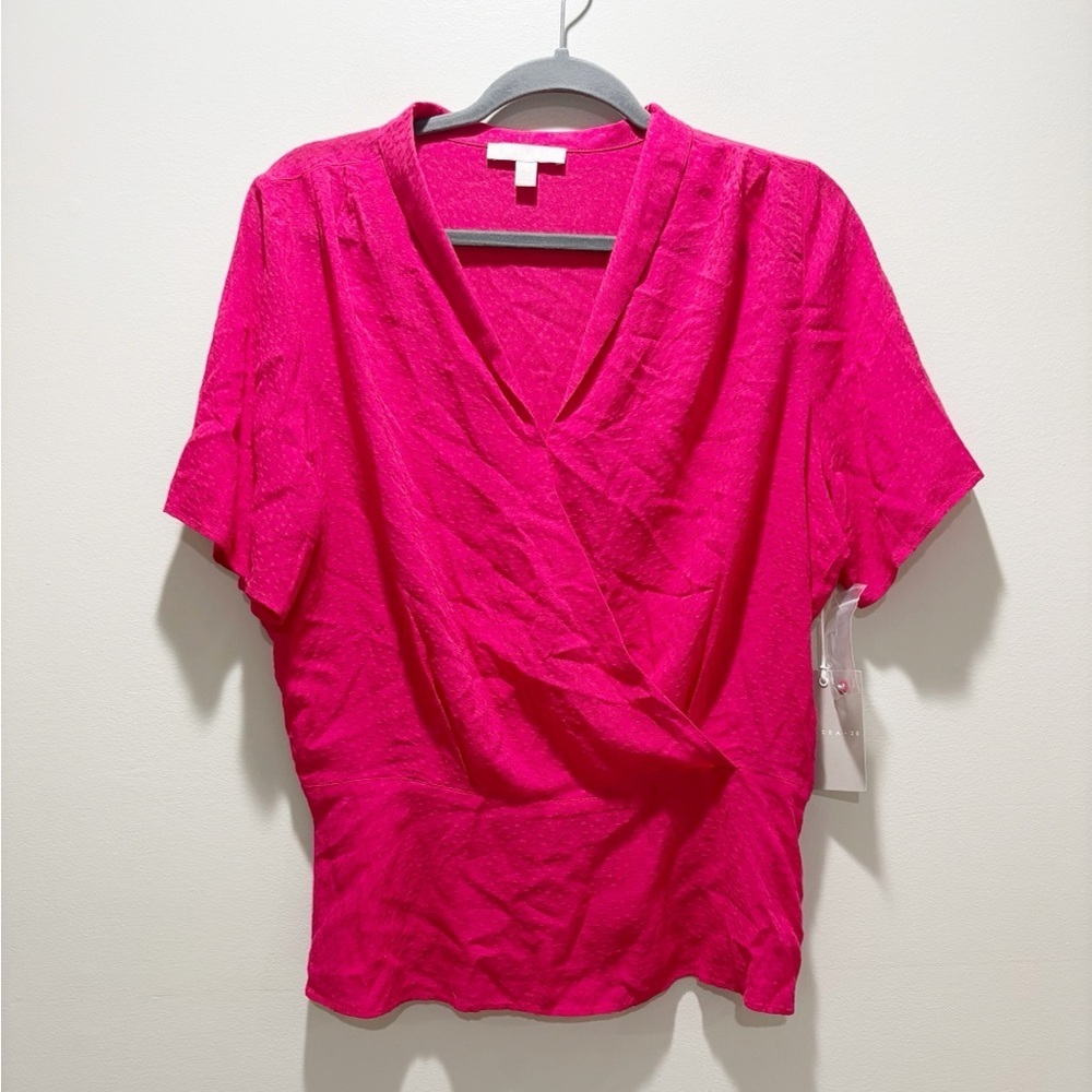 CHELSEA 28 NEW Women’s Pink Swiss Dot Faux Wrap V Neck Short Sleeve Blouse Sz M